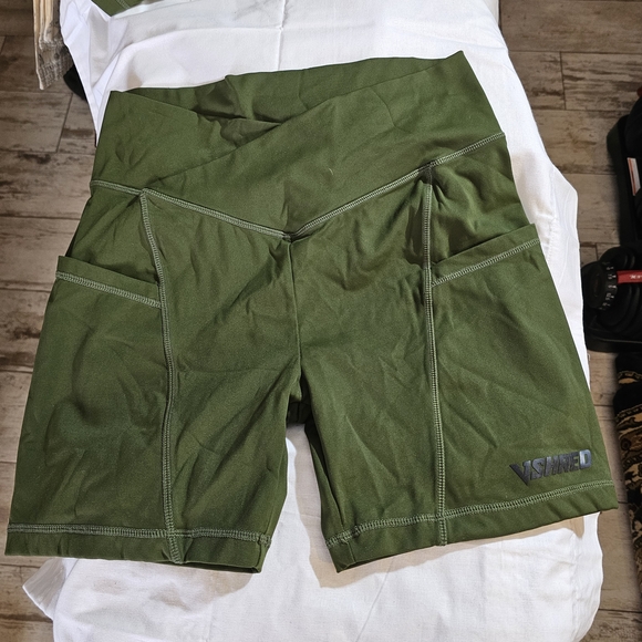2 Pairs Olive Green Women's Athletic Shorts - Picture 4 of 11